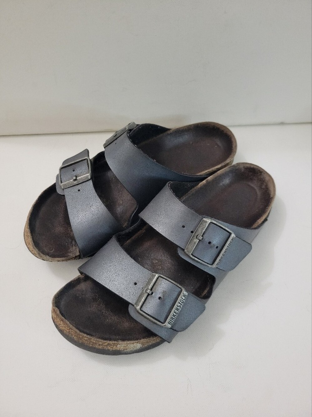 Birkenstock Sz 39 Slides Sandals Gray Double Buckle Cork Footbed Womens